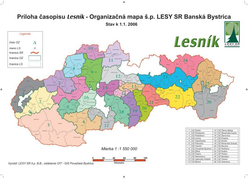 Organizačná mapa š. p. LESY SR v roku 2006, kedy bola transformácia podniku zastavená 