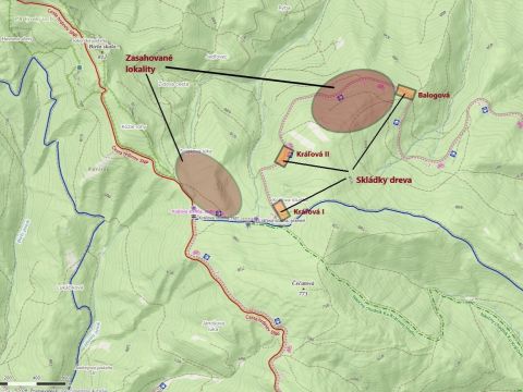 Mapka s lokalizáciou ťažbových zásahov 