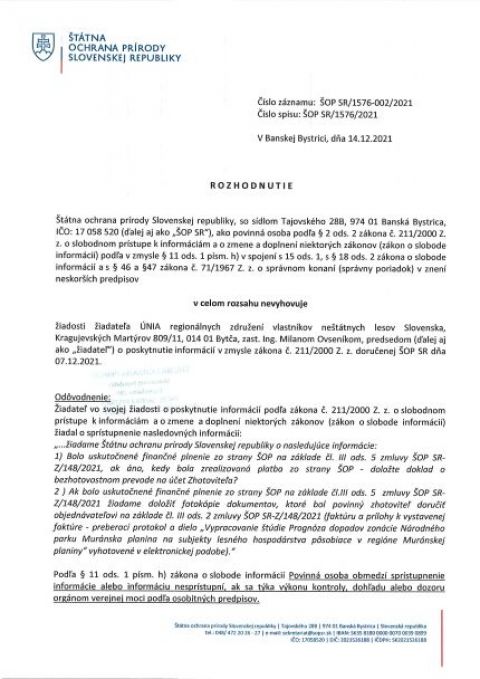 Prvá strana citovaného rozhodnutia ŠOP SR o nesprístupnení informáccií pre ÚNIu regionálnych združení vlastníkov neštátnych lesov Slovenska