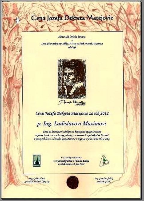 Diplom Cena Jozefa Dekreta Matejovie, ktorý dostal Ing. Ladislav Maxim v roku 2012