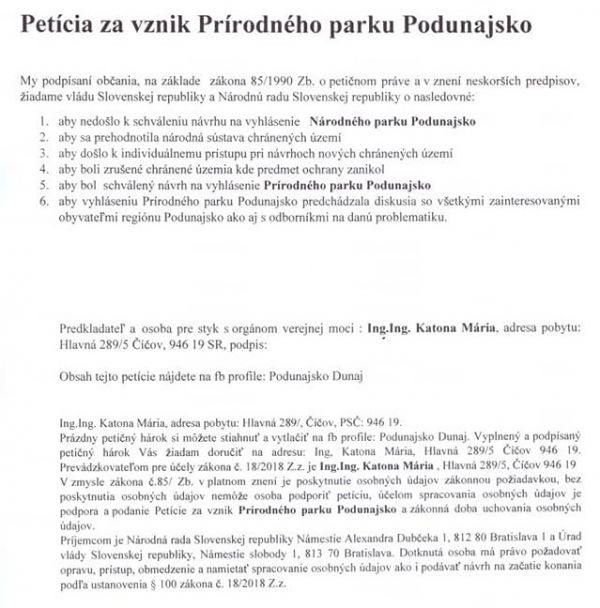 Text Pet&iacute;cie za Pr&iacute;rodn&yacute; park Podunajsko 