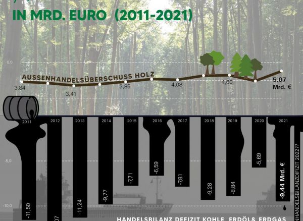 Bilancia zahraničného obchodu s drevom z ocjranných lesov (v hornej časti grafu) a obchodný deficit uhlie, ropa, zemný plyn 