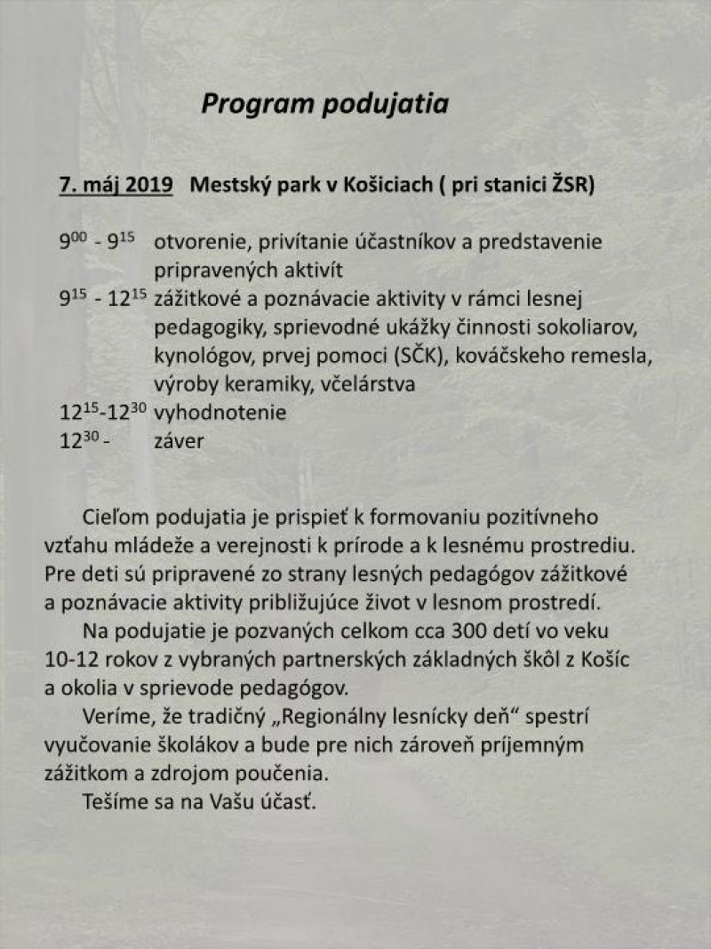 Program regionálneho Lesníckeho dňa v Košiciach 7. mája 