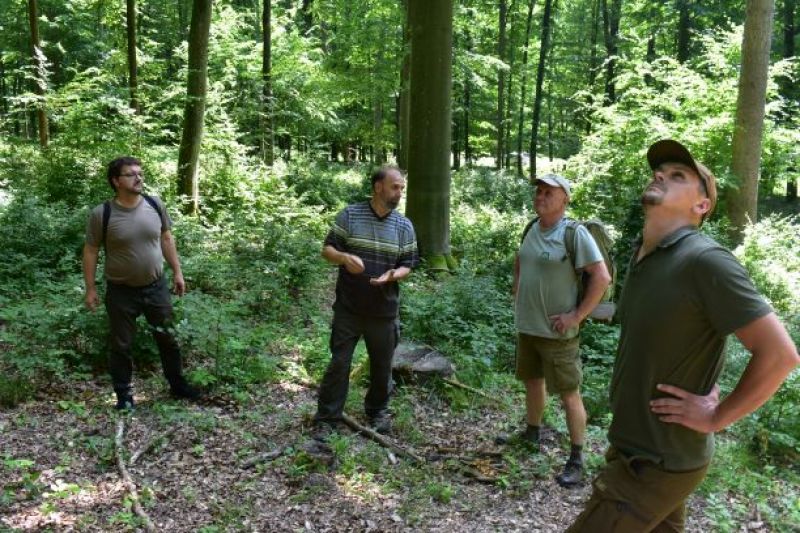 Zľava L. Szabó, D. Mikuš, P. Šiška a M. Fulmek počas diskusie v poraste na Kulháni 