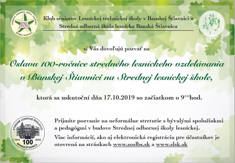 Pozvánka na oslavy 100. výročia Strednej odbornej školy lesníckej v Banskej Štiavnici