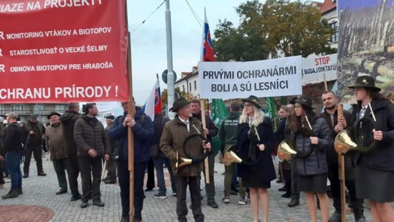 Foto z prolesníckeho zhromaždenia, ktoré sa uskutočnilo pred Národnou radou SR minulý týždeň