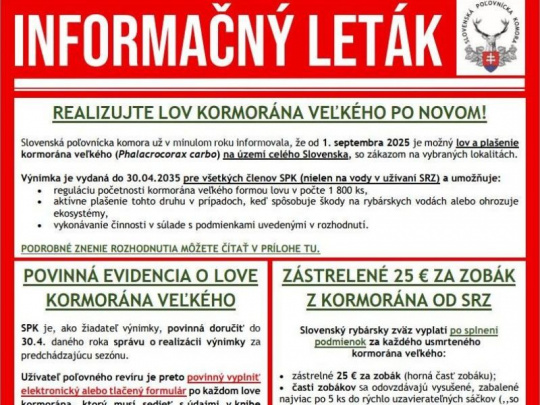 Slovenská poľovnícka komora o odstrele a plašení kormoránov: Slovenský rybársky zväz si váži pomoc poľovníkov pri ochrane vzácnej ichtyofauny